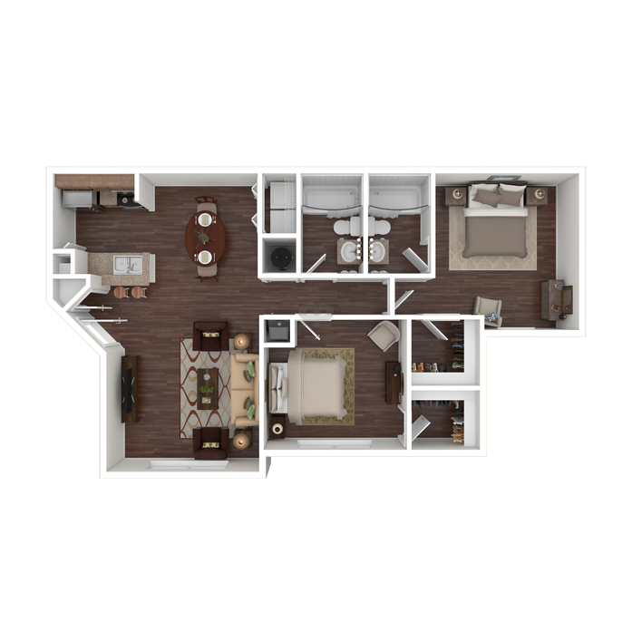 Floor plan for 2 beds, 2 baths, 968 sqft